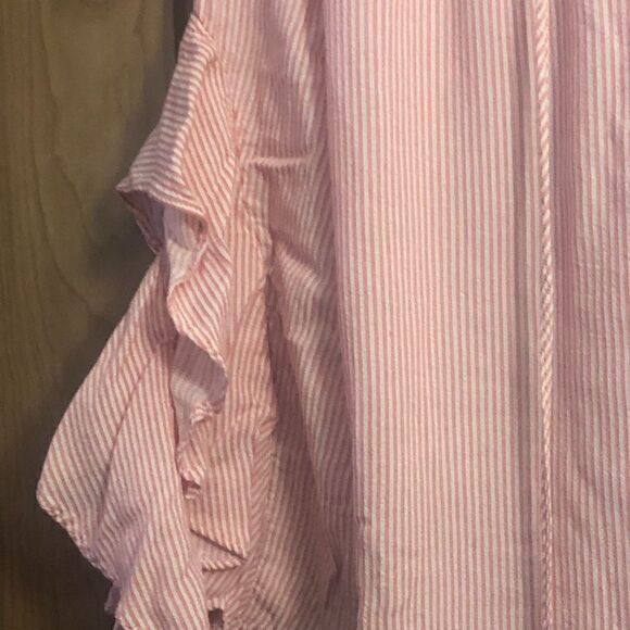 Cupio Blush 3/4 Sleeve With Ruffle White Pink Striped V Neck Blouse Viscose - Picture 3 of 5